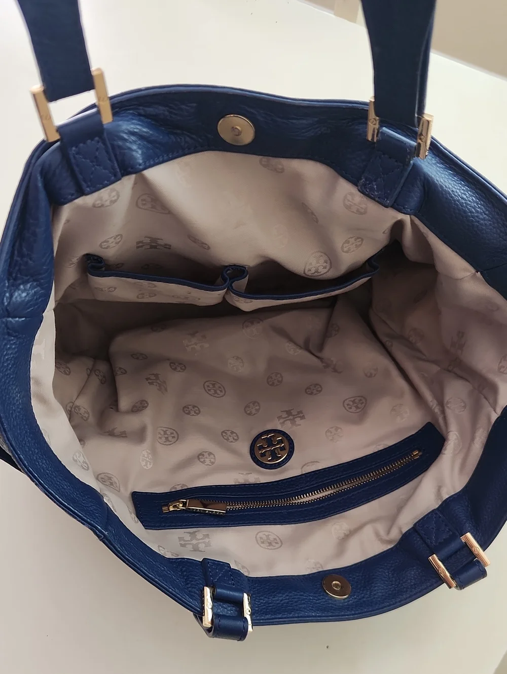 Tory Burch Leather Kipp Tote Bag Purse Navy Blue